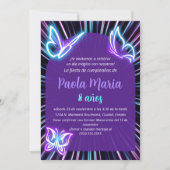 ネオンバタフライブラックパープルガール誕生日 スペインの 招待状 (正面)