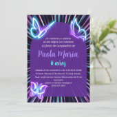 ネオンバタフライブラックパープルガール誕生日 スペインの 招待状 (スタンド正面)