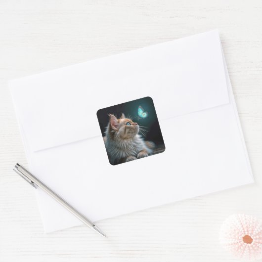 ネオンバタフライ白熱［赤熱］光を放つフワフワ猫 スクエアシール (封筒)