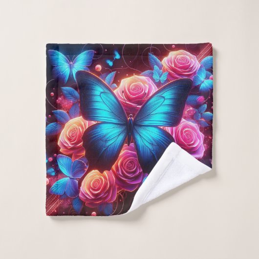 ネオンバタフライ&バラ バスタオルセット (ウォッシュタオル)