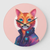 "ネオンパウズ: オレンジ色の青い目をしたサイバーパンク猫" ラージ壁時計 (正面)