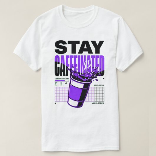 ネオンパンクの紫のコーヒーカップ ステイカフェイン Tシャツ (デザイン正面)