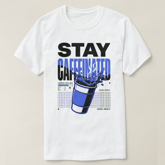 ネオンパンクブルーのカフェイン残量表示コーヒーカップ Tシャツ (デザイン正面)
