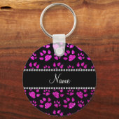ネオンパーソナライズされたピンクのグリッター猫の足の名前 キーホルダー (正面)