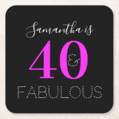 ネオンパーソナライズされたピンク40歳の誕生日パーティー スクエアペーパーコースター (正面)