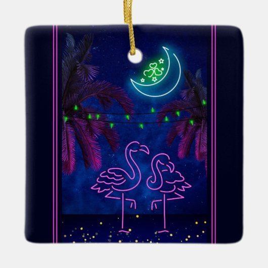 ネオンパーソナライズされたフラミンゴカップルビーチクリスマス セラミックオーナメント (正面)