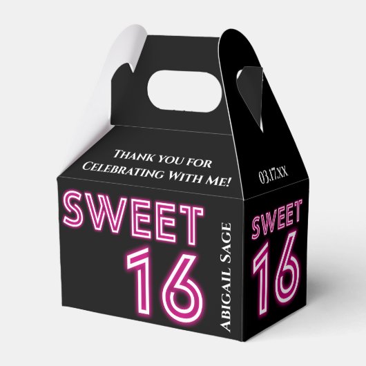 ネオンパーソナライズされたSweet sixteenホットピンク、ブラック フェイバーボックス (正面サイド)