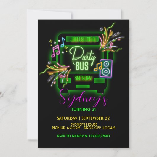 ネオンパーティー、パーティーバス、任意の年齢、グローパーティー、21日 招待状 (正面)