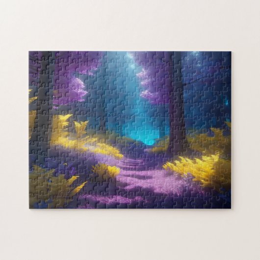 ネオンパープルと金ゴールドの魅惑の森の道 ジグソーパズル (横)