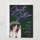 ネオンパープルのサインのスクリプト緑の写真アーチ甘い16 招待状 (正面)