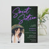 ネオンパープルのサインのスクリプト緑の写真アーチ甘い16 招待状 (スタンド正面)