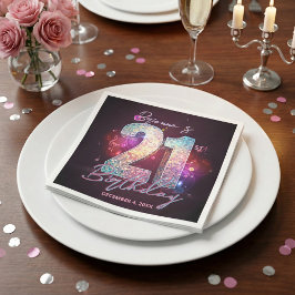 ネオンパープルのディスコボールと音符で21歳の誕生日をお祝い スタンダードカクテルナプキン