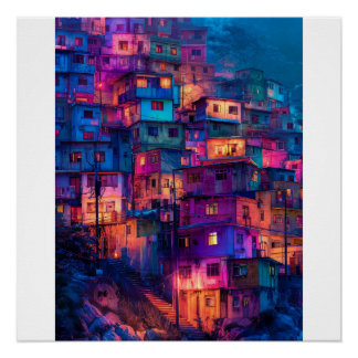ネオンパープルのファヴェーラ夜景、鮮やかな丘陵の都市風景 ポスター