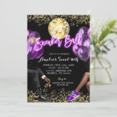 ネオンパープルディスコスニーカーボールガールズ誕生日 招待状 (スタンド正面)