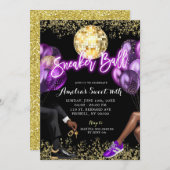 ネオンパープルディスコスニーカーボールガールズ誕生日 招待状 (正面/裏面)