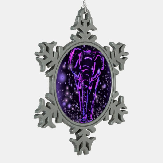 ネオンパープルピンクゾウ歩くアットスターリーナイト スノーフレークピューターオーナメント (左)