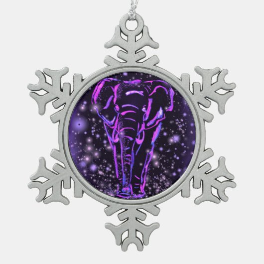 ネオンパープルピンクゾウ歩くアットスターリーナイト スノーフレークピューターオーナメント (正面)