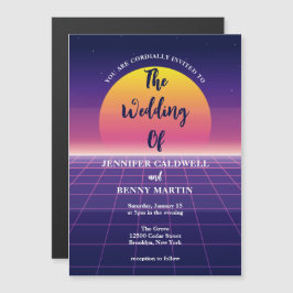 ネオンパープルレトロ80sシントウェーブサンセット結婚ズ マグネット招待状