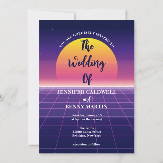 ネオンパープルレトロ80sシントウェーブサンセット結婚ズ 招待状 (正面)