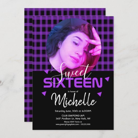 ネオンパープルSweet sixteenフォトグリッド 招待状 (正面/裏面)