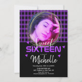 ネオンパープルSweet sixteen金ゴールドリングや輪フォトグリッド 招待状 (正面)