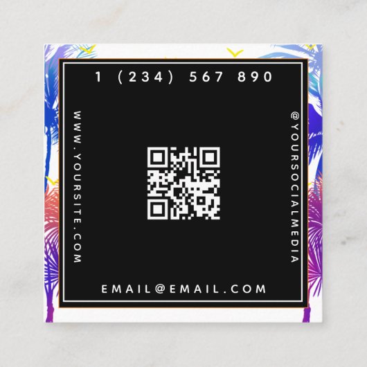 ネオンパームツリーバケーション テーマQRコードソーシャルメディア スクエア名刺 (裏面)