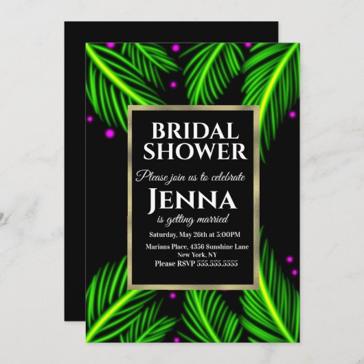 ネオンパームリーフブライトトロピカルブライダルシャワー 招待状 (正面/裏面)