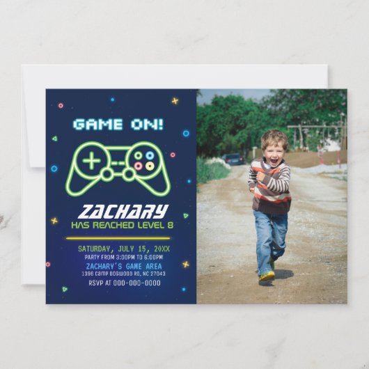 ネオンビデオゲームトラックアーケード誕生日招待状 招待状 (正面)