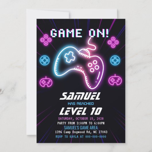 ネオンビデオゲームトラックアーケード誕生日招待状 招待状 (正面)