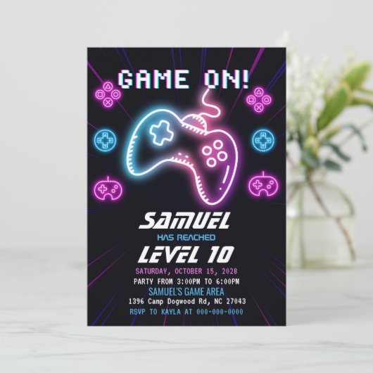 ネオンビデオゲームトラックアーケード誕生日招待状 招待状 (スタンド正面)