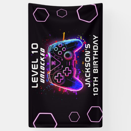 ネオンビデオゲームパーティー子供の誕生日ゲーマー 横断幕 (縦)