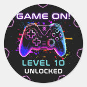 ネオンビデオゲームレベルアップ誕生日 ラウンドシール (正面)