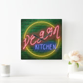 ネオンビーガンキッチン看板 スクエア壁時計 (ホーム)