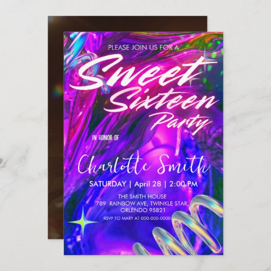 ネオンピエレガントックレトロ金ゴールドスウィート16th誕生日 招待状 (正面/裏面)