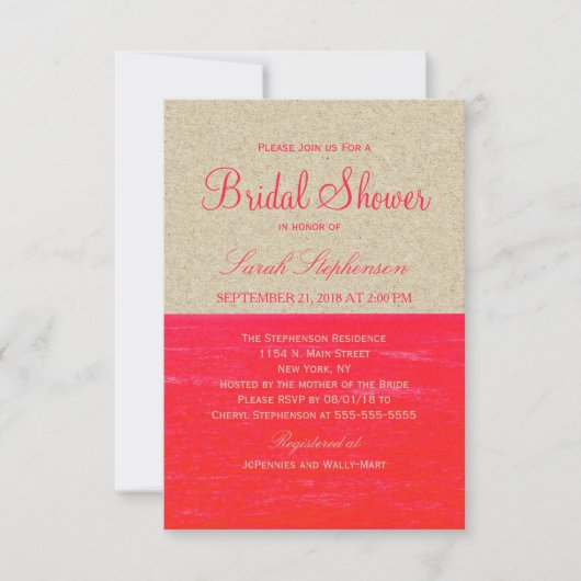 ネオンピンクおよびタンの紙、熱帯やしおよびビーチ 招待状 (正面)