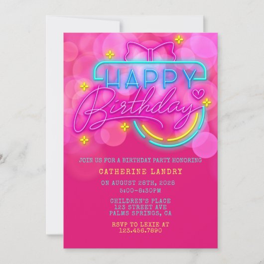 ネオンピンクとイエローのハッピーバースデーパーティー 招待状 (正面)