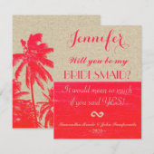 ネオンピンクとタン紙、トロピカルパームズとビーチ 招待状 (正面/裏面)