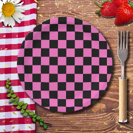 ネオンピンクとブラックチェッ市松模様にカーボードヴィンテージ ペーパープレート