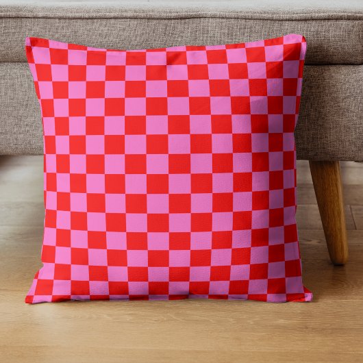 ネオンピンクと赤チェッ市松模様にカーボードヴィンテージ クッション