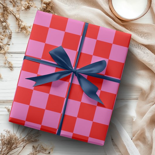 ネオンピンクと赤チェッ市松模様にカーボードヴィンテージ ラッピングペーパー