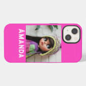 ネオンピンクのひも付き iPhoneケース (裏面横)