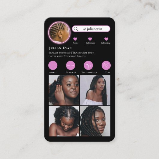 ネオンピンクのインスタグラム写真コラージヘアブレイディング 名刺 (正面)