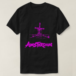 ネオンピンクのオランダ風車のスケッチ モダンブラック Tシャツ
