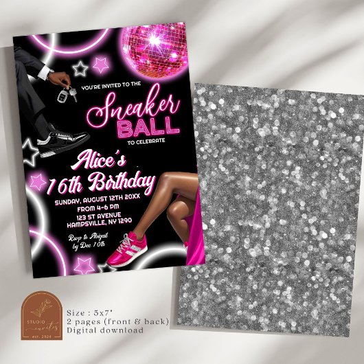 ネオンピンクのスニーカー球とディスコボール誕生日 招待状