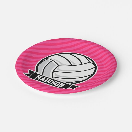 ネオンピンクのバレーボールストライプボール ペーパープレート (アングル)