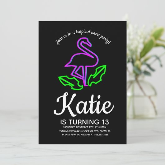 ネオンピンクのフラミンゴ発光パーティー トロピカルティーン 招待状 (スタンド正面)