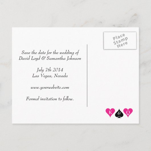 ネオンピンクのラスベガスの結婚式は日付はがきを保存する 案内ポストカード (裏面)