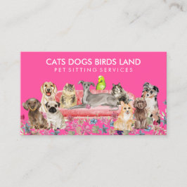ネオンピンクの犬猫鳥ホテルソファペットシッティング 名刺