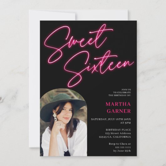 ネオンピンクの看板スクリプトおもしろい写真アーチ甘い16 招待状 (正面)