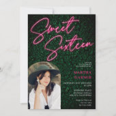 ネオンピンクの看板スクリプト緑の写真アーチ甘い16 招待状 (正面)